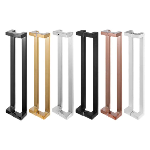 Assorted colored Double Bend S Push Pull Door Handles in brushed stainless steel for barn doors and sliding doors.