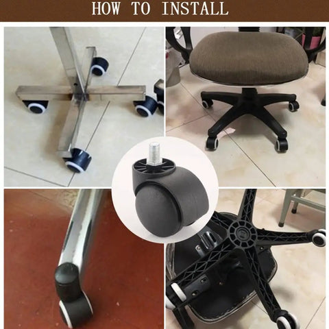 Universal Silent Caster Wheels For Office Chairs Replacement Smooth Swivel Rollers on chair and base for easy install.