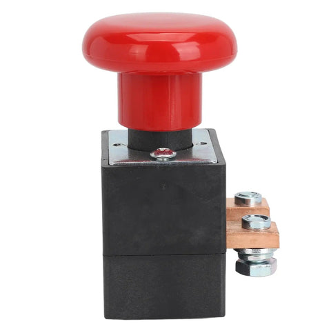 Must Have Emergency Push Button Switch For Electric Stackers And Forklift Pallets With Fast Power Cutoff Latching Design, red button on a metal base.