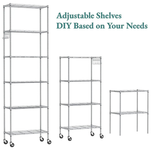 Premium Heavy Lifter 2 Pack 6 Tier Wire Shelving Units With Easy Roll Casters And Rust Free Hooks For No Sweat Home And Garage Organization Flexible Rack Setup