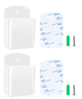 Two Pack Wall Mounted Remote Control Holder Set With Self Adhesive Backing And Screws, White Finish, front view with parts.