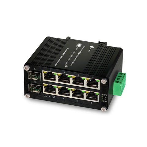 Beefy Rugged 8-Port Gigabit PoE Fiber Switch With PoE Plus, Dual SFP Slots, DIN Rail Mounted, front view of ports and design