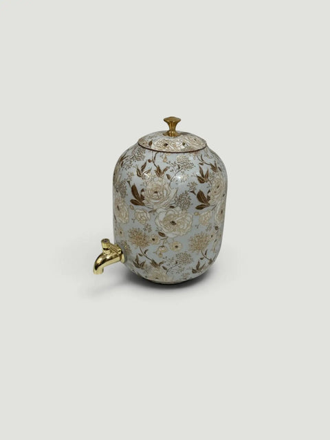 Blue Enamel Copper Water Dispenser with Lid and Tap; floral design; Handmade Indian Pot for Drinking Water Storage