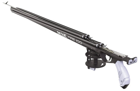 75cm Spearfishing Sling Gun With Open Muzzle For 14mm Circular Slings, Stainless Steel Mechanism, side view with reel and shaft