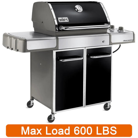 Black and stainless steel barbecue grill on four small wheels with a black cabinet and side shelves