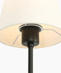 Close-up of KSANA Modern Black Wall Scone Lighting Indoor with White Fabric Shade, showcasing the black socket and white shade details.