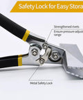 Hand seamer with 6in straight jaws; close-up of metal tool with black ergonomic grips and yellow accents.