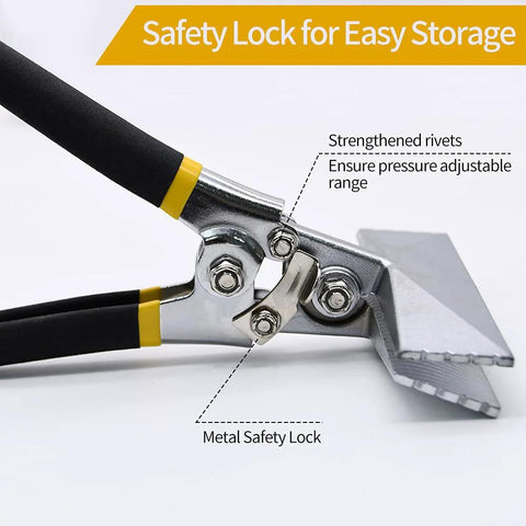 Hand seamer with 6in straight jaws; close-up of metal tool with black ergonomic grips and yellow accents.