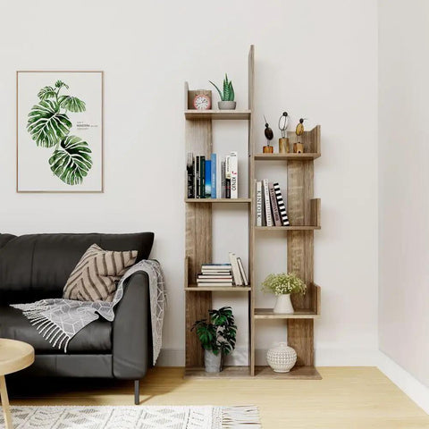 Cactus Shaped Four Tier Bookshelf With Open Cube Shelves Standing 61.4 Inches Tall near black sofa in a modern living room