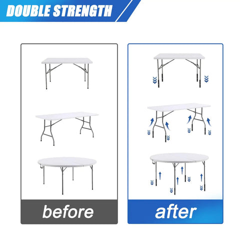 Before and after comparison of Heavy Duty Square Table Leg Extenders With Three Step Adjustable Heights and Secure Locking Bolts.