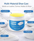 White Shoe Cleaner Cream With Built In Sponge For Quick Touch Ups, jar with cream and sponge, surrounded by sneakers on multi-material surfaces