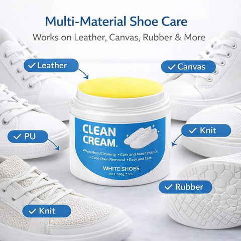 White Shoe Cleaner Cream With Built In Sponge For Quick Touch Ups, jar with cream and sponge, surrounded by sneakers on multi-material surfaces