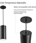 Sleek 4 Inch Led Pendant Lights, 25W Cylinder Hanging Fixtures With Dip Switch, Modern Eye Care Indoor Ceiling Lamps For Kitchen Island Flex Zone Or Home Office Setup In Matte Black 2 Pack, showing adjustable color temperature feature.