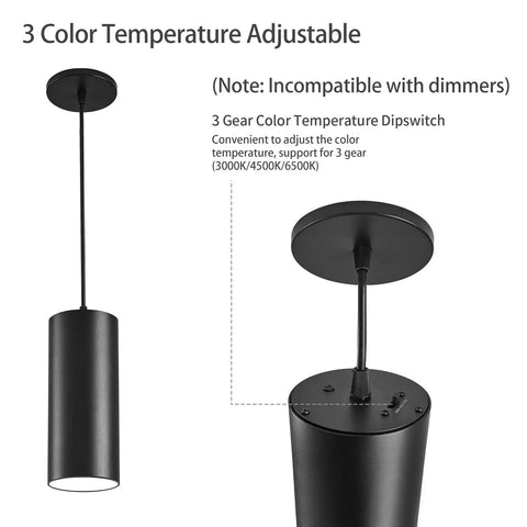 Sleek 4 Inch Led Pendant Lights, 25W Cylinder Hanging Fixtures With Dip Switch, Modern Eye Care Indoor Ceiling Lamps For Kitchen Island Flex Zone Or Home Office Setup In Matte Black 2 Pack, showing adjustable color temperature feature.