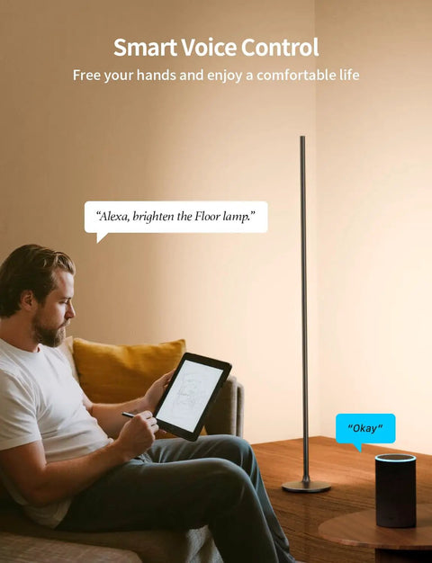 Man using tablet to control Smart Corner Floor Lamp With Alexa And App Control For Hands Free Scene Setting, 16 Million DIY Colors.
