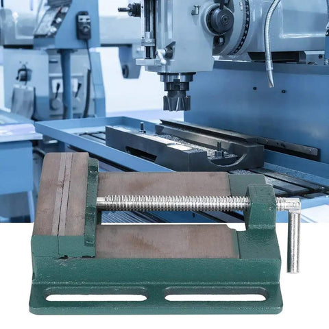 Beefed Up 5 Inch Heavy Duty Cast Iron Machine Vise With Fat Jaws For Milling And Drilling with a flat base and round frame in use.