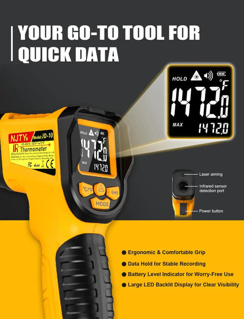 Infrared Temperature Gun With 13 Point Laser And Fast Read, Wide -58 To 1472 Degrees F, Precise Surface Readings In 0.5 Seconds, Great For Cooking, Griddles, HVAC, Automotive, And DIY Projects. Yellow and black infrared thermometer with digital display and laser aim
