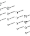 Sixteen Piece Nose Piercing Kit In 18G Surgical Steel With Top Flat, Top Ball, Clear Round CZ And Jeweled CZ Styles In 1.5mm, 2mm, 2.5mm, And 3mm Sizes, 6.5mm Pin Length, Ideal Nose Studs And Rings For Everyday Wear, assorted surgical steel nose studs