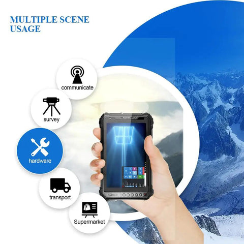 Built Like A Tank Industrial Rugged Tablet With Built In Barcode Scanner Running Windows 11 Pro in user’s hand showcasing multitasking capabilities.