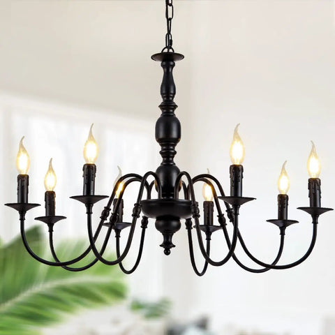 Metal 8 Light Candle Style French Country Chandelier Black Farmhouse Pendant Lighting for Kitchen with modern rustic vibe.