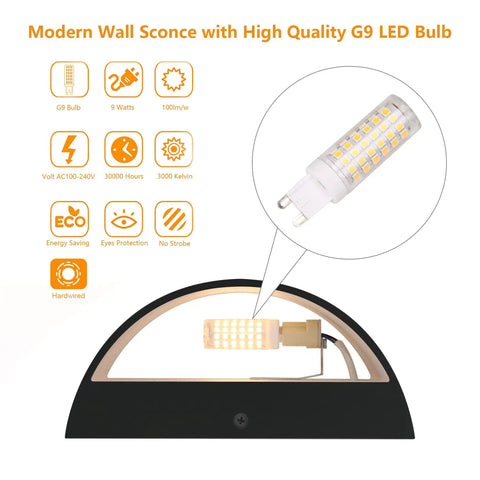 Illustration showing G9 LED bulb and Dope Black Modern LED Wall Sconce Set of 2 Hardwired Indoor Up and Down Wall Mount Lights