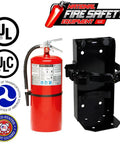 2 Pack 20 Lb Class ABC Fire Extinguisher Kit With Wall Mount Bracket And Status Sign UL Listed DOT Compliant USCG Certified red fire extinguisher and black wall mount bracket.
