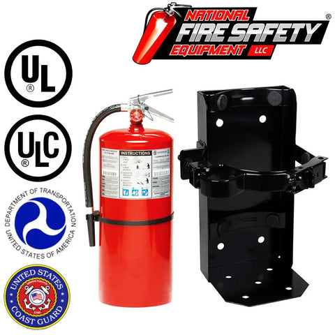 2 Pack 20 Lb Class ABC Fire Extinguisher Kit With Wall Mount Bracket And Status Sign UL Listed DOT Compliant USCG Certified red fire extinguisher and black wall mount bracket.