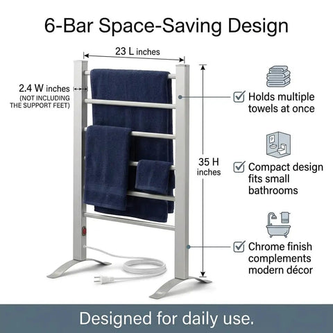 Six Bar Electric Heated Towel Rack for Bathroom with Wall Mount or Freestanding Design, Plug-In Towel Dryer, 6-bar chrome-plated