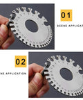 Two Pack Stainless Steel Thickness Gauges, Wire Gauge Measuring Tool Set for wires, sheets, and cables shown being held
