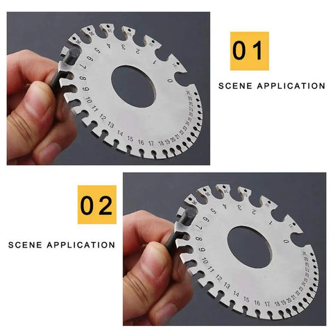 Two Pack Stainless Steel Thickness Gauges, Wire Gauge Measuring Tool Set for wires, sheets, and cables shown being held