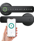 Smart Lever Door Lock With Fingerprint And Keyless Entry, Tuya App Control, Bluetooth Touchscreen Digital Door Knob With Keypad, IC Card And Mechanical Key, Biometric Access For Home, Apartment, Hotel Or Office. Smartphone app shown.