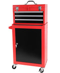 Heavy Duty Rolling Tool Chest With Sturdy Swivel Wheels And Three Smooth Drawers Plus Versatile Removable Top Box For Hella Garage Organization And Straight Up Solid Storage, red steel frame with lockable black door.