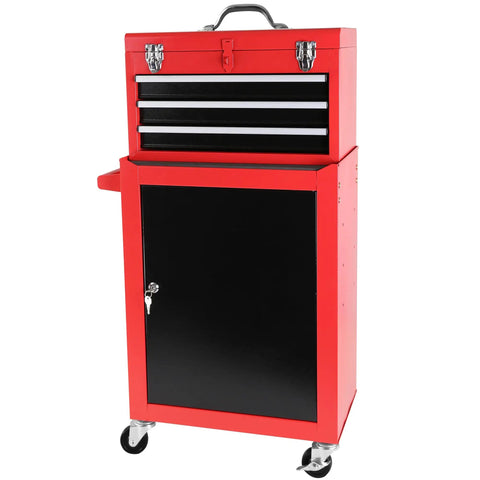 Heavy Duty Rolling Tool Chest With Sturdy Swivel Wheels And Three Smooth Drawers Plus Versatile Removable Top Box For Hella Garage Organization And Straight Up Solid Storage, red steel frame with lockable black door.