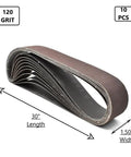 HPG120-10 One And One Half Inch By Thirty Inch Aluminum Oxide Sanding Belt 120 Grit Ten Pack displayed with dimensions