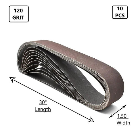 HPG120-10 One And One Half Inch By Thirty Inch Aluminum Oxide Sanding Belt 120 Grit Ten Pack displayed with dimensions