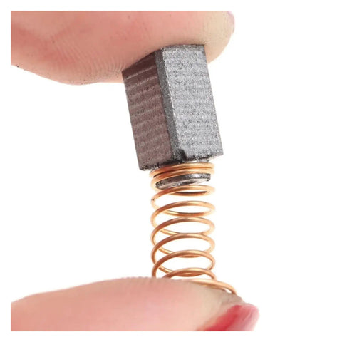 Rock Solid 50 Pack Carbon Brush Replacement For Electric Drill And Rotary Tool Motor Hella Durable Graphite Copper Contacts Restore Snappy Power And Smooth Performance Quick Install 5X5X8MM showing a carbon brush with spring.