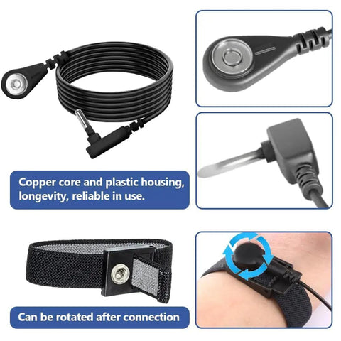 Grounding Wristband And 15 Foot Cable Kit For ESD Safety, Adjustable 6 To 7 Inch Wrist Strap, 2.5 mm Plug, 3.5 mm Snap, Black