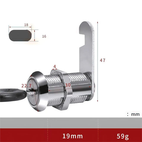 Beefy 30mm Cabinet Lock With Two Keys Metal Cylinder Cam Locker showing dimensions and zinc alloy material