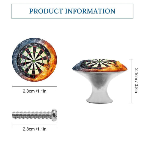 Two Pack Round Stainless Steel Cabinet Knobs with dartboard design, includes screws, size 2.8cm diameter by 2.1cm height
