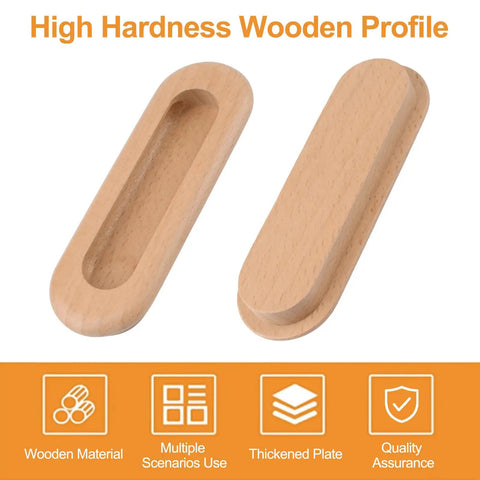 8 Pack Oval Wood Recessed Concealed Sliding Door Handles For Cabinets And Closets, Embedded Beech Wood Pulls, front view
