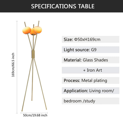 Three Light Floor Lamp With Gold Plated Tripod Stand Modern Amber Glass Lampshade 28W Flexible Cozy Glow Light For Living Room