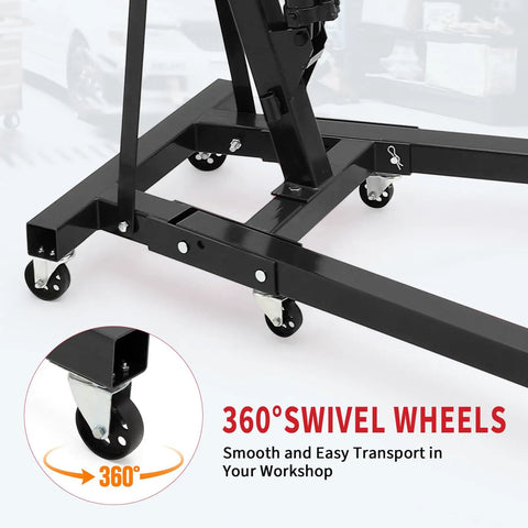360-degree swivel wheels of the Badass Industrial Grade Hydraulic Engine Hoist Built To Move Four Thousand Four Hundred Pounds Cherry Picker.