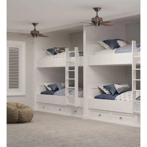 Room with two Drift Collection 32 Inch Four Blade Ceiling Fans With Quiet Motor, modern low profile design above bunk beds.