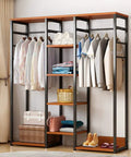 Top Notch Heavy Duty Free Standing Closet Rack With Extra Long Hanging Rods And Rock Solid Steel Frame For Roomy Apparel Stash And Zero Sweat Fast Assembly, showcasing hanging clothes and shelves.