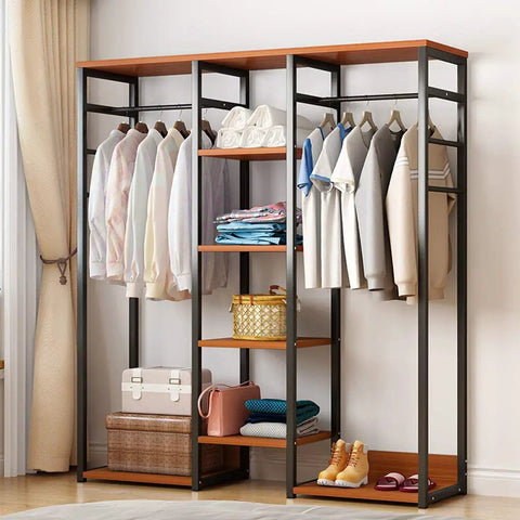 Top Notch Heavy Duty Free Standing Closet Rack With Extra Long Hanging Rods And Rock Solid Steel Frame For Roomy Apparel Stash And Zero Sweat Fast Assembly, showcasing hanging clothes and shelves.