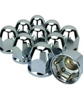 Upgrade Your Street Rig With This 10 Pack Of Durable Chrome Hex Flange Lug Nut Caps Featuring 1 1/16 Inch Push On Fitment and shiny chrome finish.