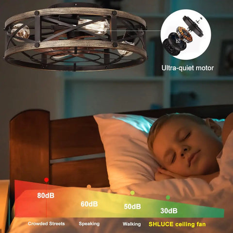 Badass Modern Farmhouse Caged Ceiling Fan With Slick Remote Flush Mount Build Featuring Four E26 Socket Lights six speeds and ultra-quiet motor.