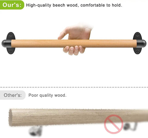 Sturdy Real Wood Handrail Designed For Indoor Stairs With Factory Attached Metal Brackets Bearing Three Hundred Pounds No Sweat Wall Mount Setup Smooth Curved Ends For Kid Proof Grip Through Daily Home Chaos held by hand for demonstration.