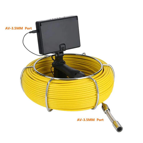 Hardcore Heavy Duty Handheld Pipe Inspection Camera Featuring A Rigid 22 Mm Probe For Sewers Drains And Clogs IP68 Waterproof Borescope Endoscope Video System, yellow cable and monitor display.