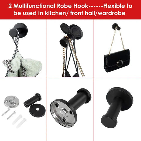 Six Pack Round Stainless Steel Coat Hooks Wall Mounted Heavy Duty Hangers SUS 304 Black Finish
